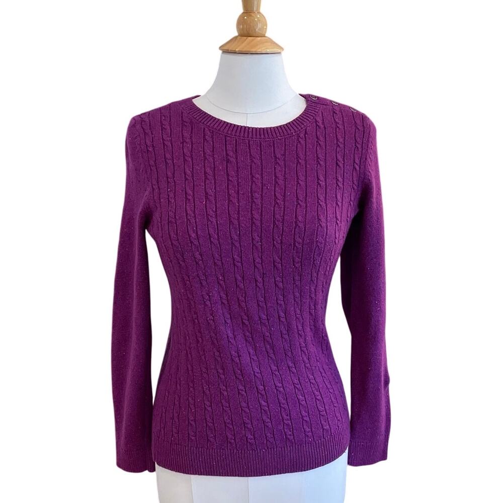 Talbots Cotton Blend Purple Textured Cable Knit Long Sleeve Crew Neck Sweater, M